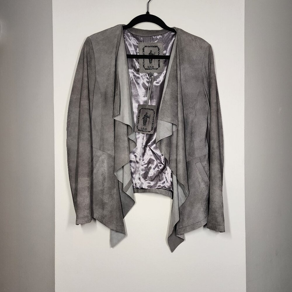 My Tribe Genuine Leather Suede Open Front Waterfall Jacket gray size L